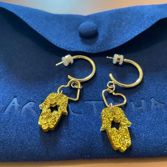 NEW Ariel Tidhar Judaica Hamsa Magen Sparkly Gold Hoop Earrings - Picture 4 of 4